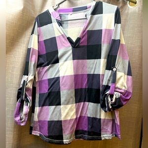 LG, Black/Grey/Purple, Flannel V-Neck Blouse